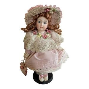Delton Products 8" Doll Girl Victorian Style Dusty Rose Dress Purse Stand & Box